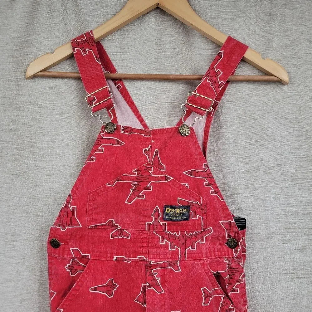 Oshkosh Vintage Vestbak Red Airplane Print Overalls Size 7